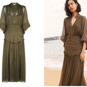 NWT Shona Joy: Iris Button Up Ruched Midi Dress- Cumin (Olive)